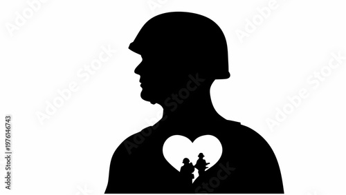 Soldier silhouette with heart shaped void and couple inside symbolizing love and war emotional contrast