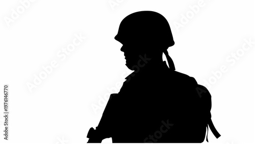 Silhouette of a soldier standing still in profile view with helmet and backpack on white background