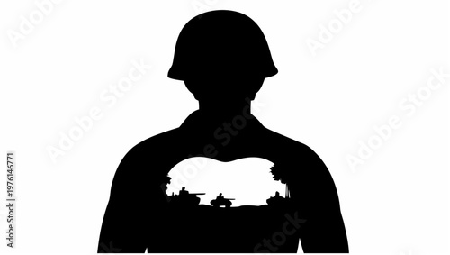 Soldier silhouette with heart shaped void in chest symbolizing love and sacrifice in a simple graphic design
