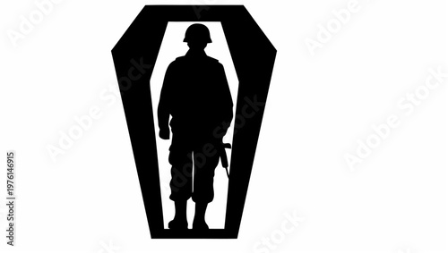 A soldier in silhouette walks through a coffin shaped doorway symbolizing sacrifice and conflict