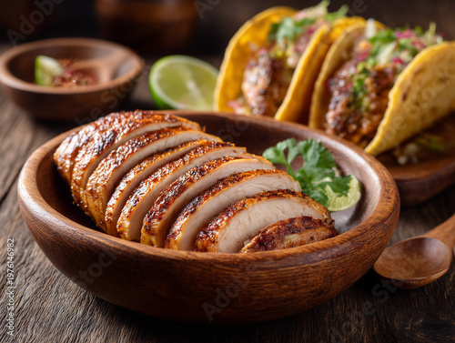 Grilled chicken breast slices for tacos with lime and cilantro