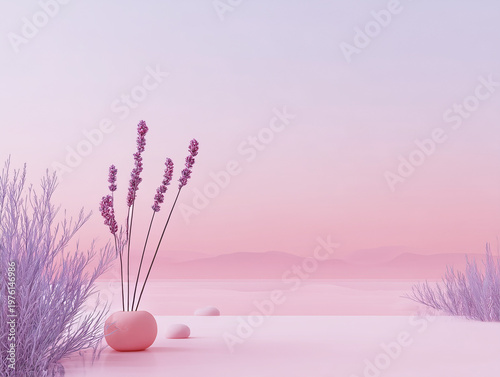 Pink minimalist scene with lavender flowers and serene landscape