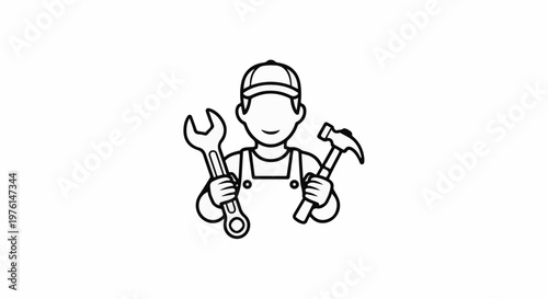 Outline of a smiling person wearing overalls and a cap, holding a wrench and hammer
