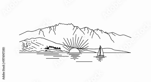 Outline of a sun rising over mountains and a calm sea with a sailboat