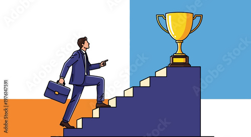 Businessman climbing stairs to trophy success.
