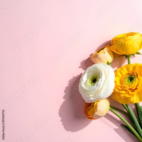 Beautiful bouquet of yellow and white flowers on pink background.