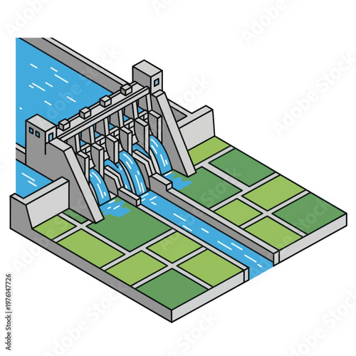 Hydroelectric Dam with Water Flowing Through.
