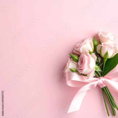 Bouquet of pink roses with ribbon.