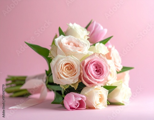 Beautiful bouquet of roses and tulips.