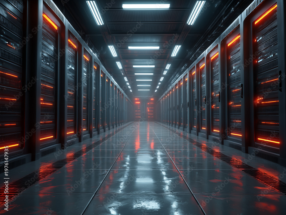 Fototapeta premium Data center corridor with active server racks