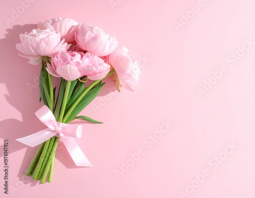 Bouquet of pink tulips with ribbon.