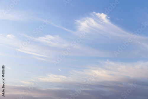 Billede på lærred Beautiful soft gentle cloudy blue sky with white cirrus clouds, abstract backgro
