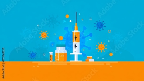 Immunization vaccination syringe virus healthcare medical prevention injection immunity disease protection safety science research pandemic treatment concept blue orange vector background design