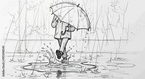 Woman walking in rain with umbrella.