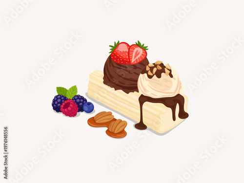 Chocolate and Vanilla Ice Cream Scoops on Sponge Cake with Fresh Berries and Pecans