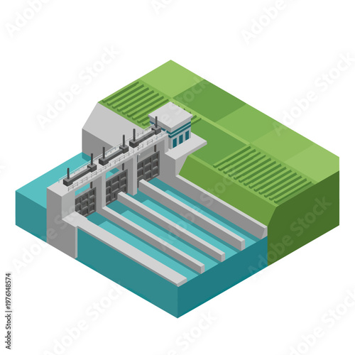 3D Isometric Illustration of Hydroelectric Dam Structure.