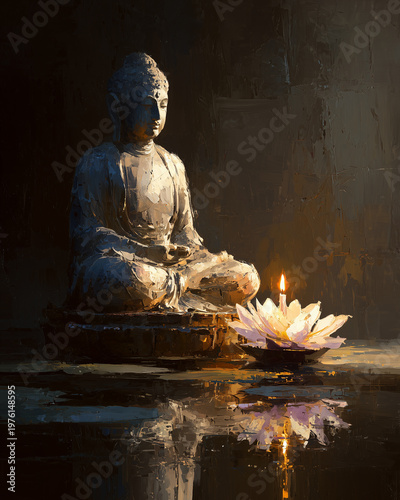 Wallpaper Mural Oil painting of buddha statue with lotus flower and candle Torontodigital.ca
