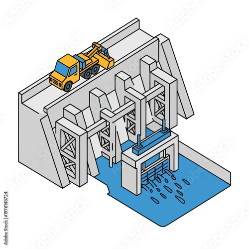 Lock Gate Mechanism with Yellow Crane Truck.