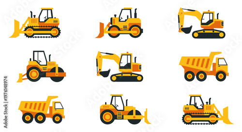 Collection of flat design construction vehicles and heavy machinery