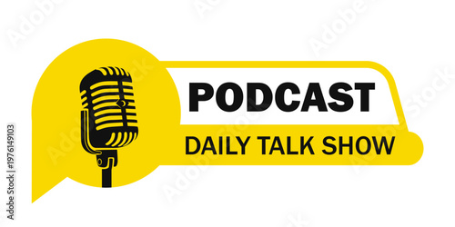 podcast logo text badge white yellow label template design streaming talk show background