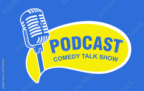 podcast logo text comedy talk show blue yellow label badge sticker style template design background