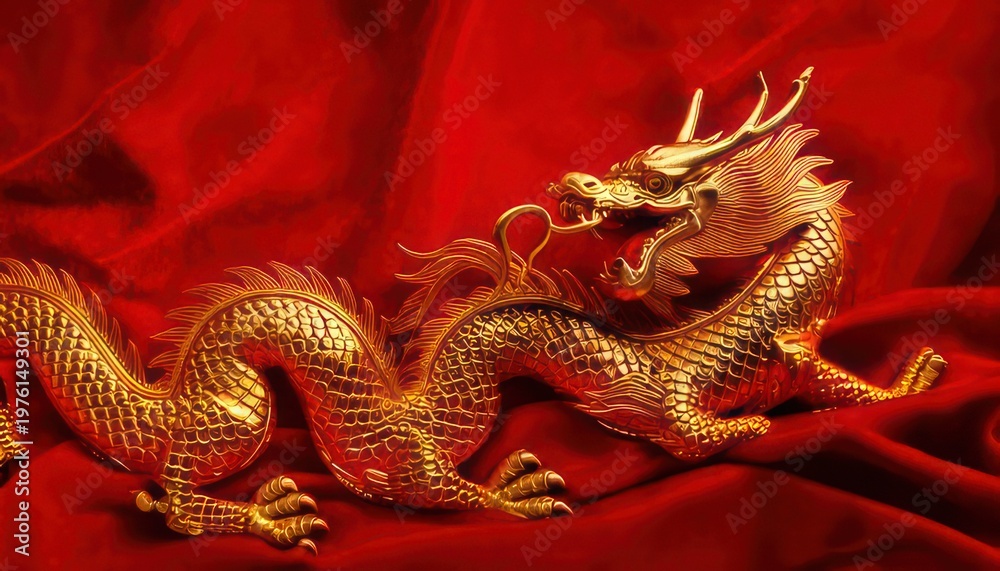 Obraz premium Golden Chinese Dragon on Red Fabric - Symbol of Power.