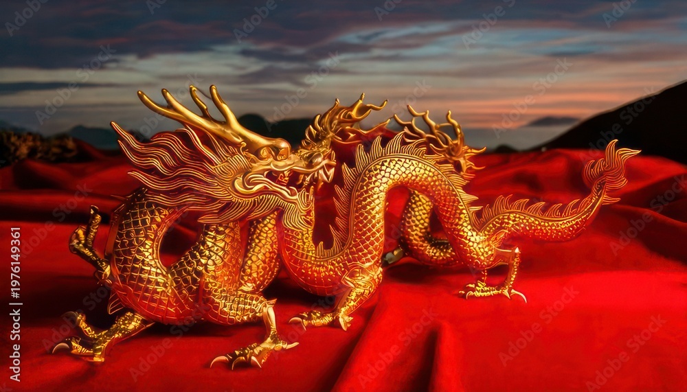 Obraz premium Golden Chinese Dragon Statue on Red Fabric with Dramatic Sky.