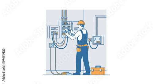 Electrician working on a fuse box with tools and a toolbox.