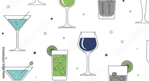 Minimalist pattern of various cocktail and drink glasses on white background
