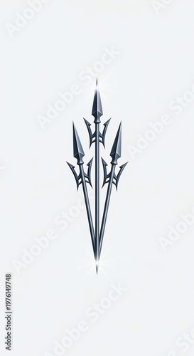Three metallic trident spearheads converging vertically on white background, abstract symbol, minimal design.