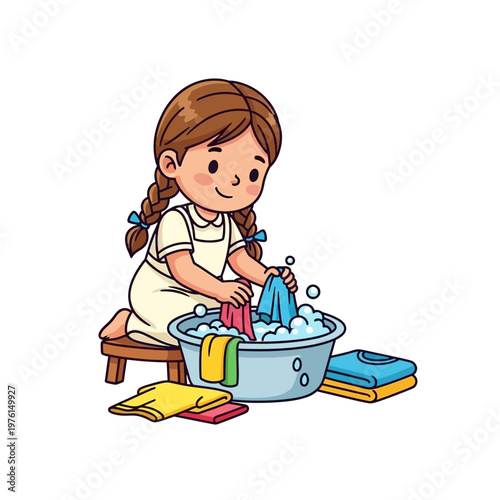 Cute Girl Doing Laundry, Washing Clothes in Basin with Soap Bubbles, Cartoon Style