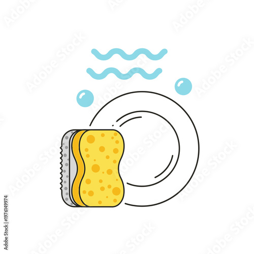 Dishwashing Icon: Sponge Scrubbing Plate with Bubbles and Water Waves