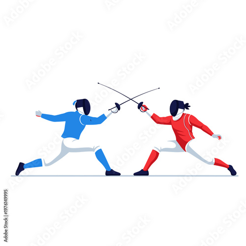 Fencers in Blue and Red Uniforms Duel with Swords on White Background