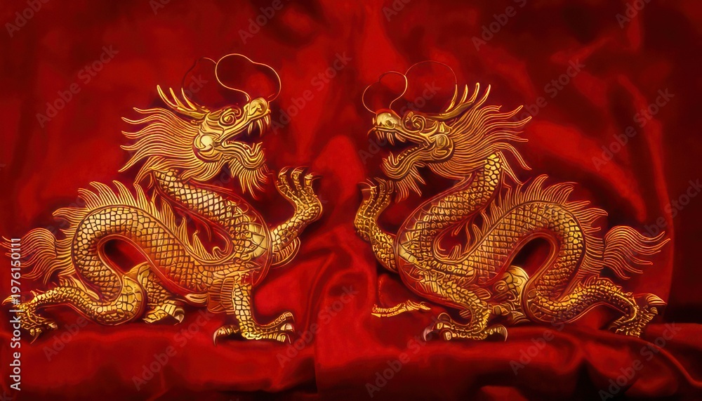 Obraz premium Golden Dragons on Red Fabric - A Symbol of Power and Prosperity.