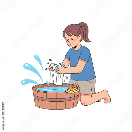 Girl washing clothes in wooden basin, domestic chores, hand washing, summer activity