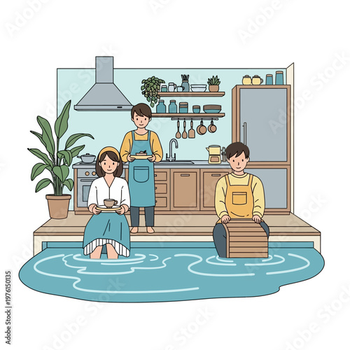 Family Flooded in Kitchen, Water Damage Home Disaster Concept