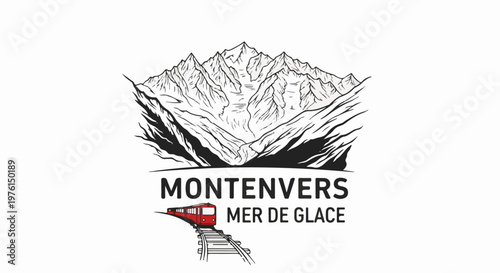 Red mountain train ascends toward a grand, snow-capped mountain range