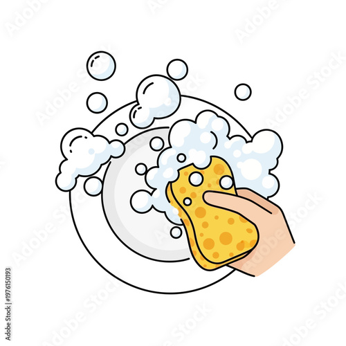 Hand washing a dirty plate with a yellow sponge and soap bubbles, kitchen cleaning concept.