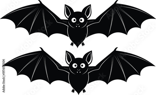 Cartoon bat illustration with wide wings, large eyes, pointed ears, and fangs, simple symmetrical design perfect for Halloween themes, nocturnal animals, and creative artwork