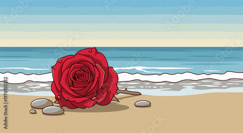 Red rose with water droplets on a beach with gentle waves and sand