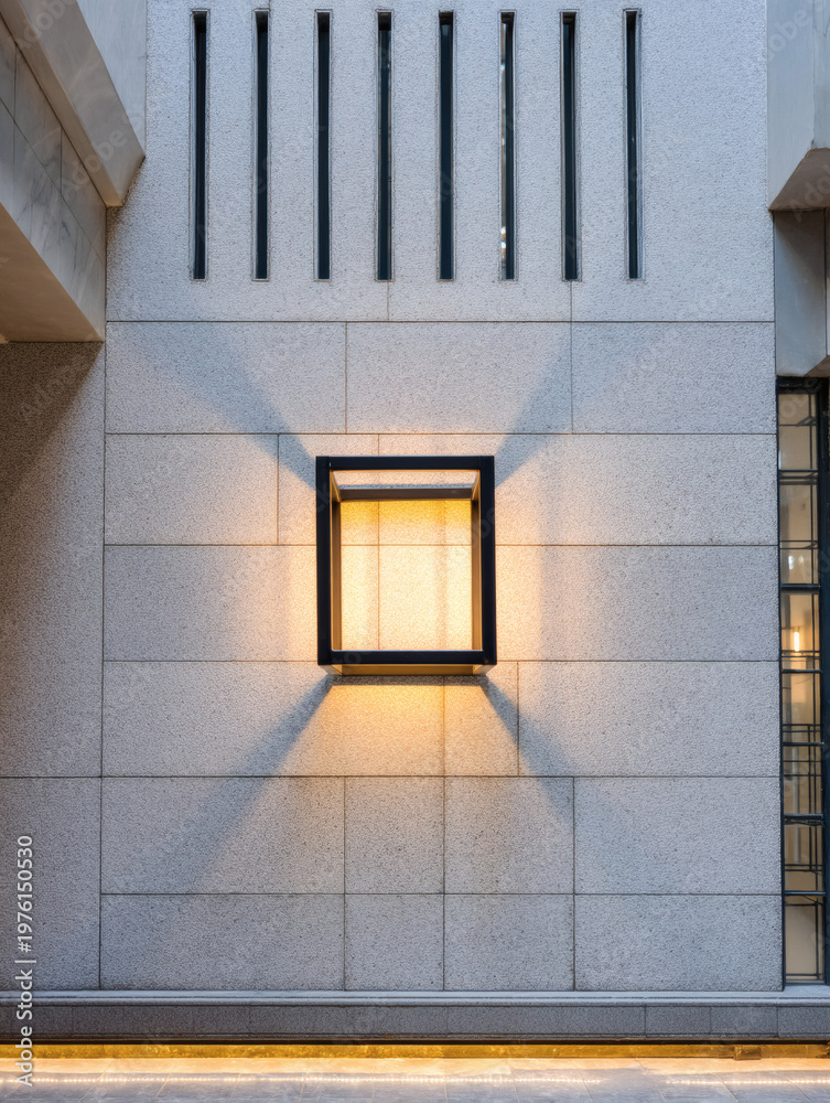 Obraz premium square black minimalist sconce providing sharp yet soft edged illumination on a medium gray textured wall. The light beams are perfectly vertical, creating a clean and structured look. The texture 