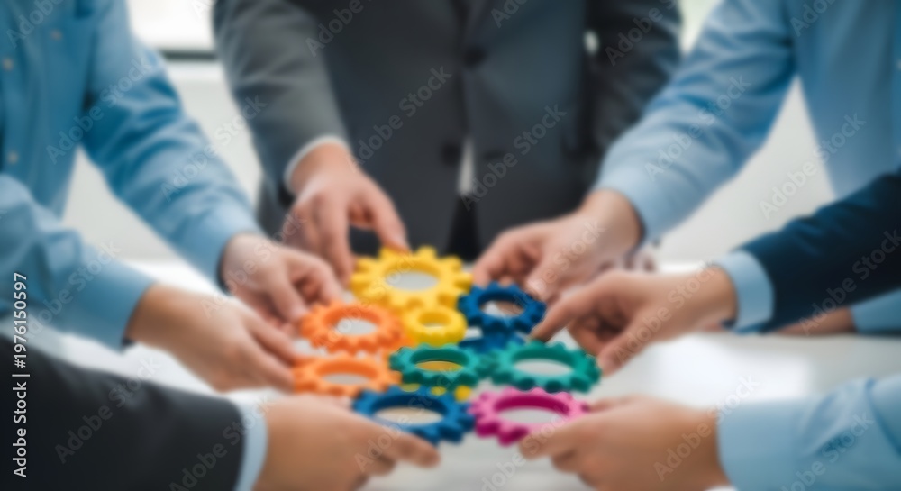 Fototapeta premium Teamwork and collaboration concept connecting gears representing business strategy partnership and successful project management