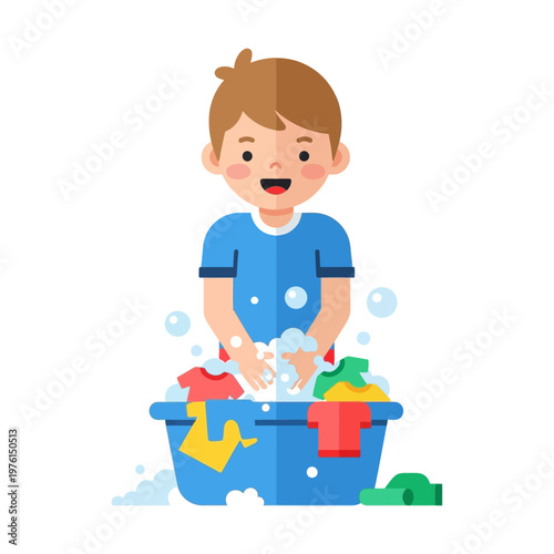 Happy boy washing clothes in a blue basin with soap bubbles, cartoon style