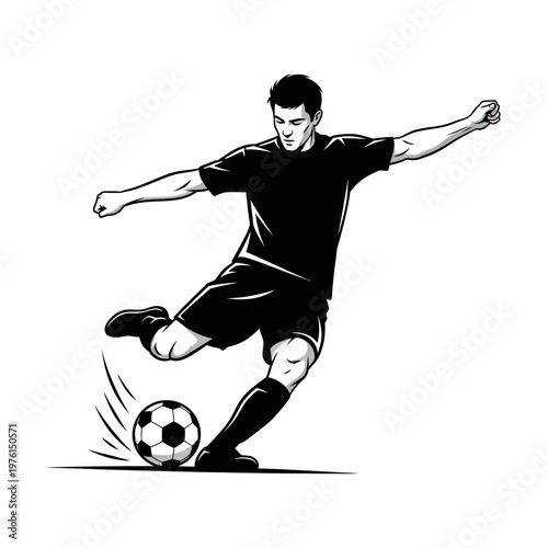 Soccer Player Kicking Ball, Dynamic Action Shot, Black and White Illustration