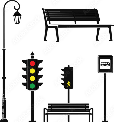 Urban Street Furniture Set with Traffic Lights, Bus Stop Sign, Park Benches, and Lantern