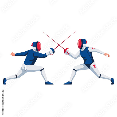 Two Fencers in Combat, Crossed Swords, Athletic Competition, Sports Illustration