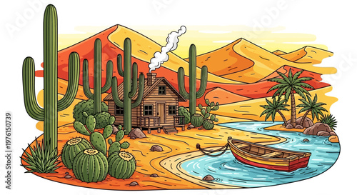 Desert Landscape with Cactus Plants.