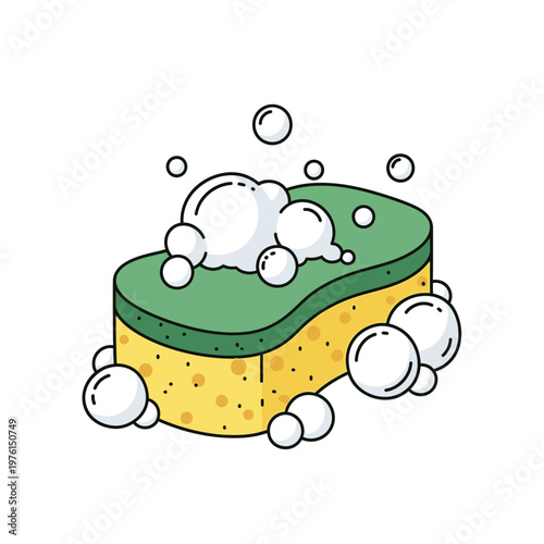Sponge with Soap Suds and Bubbles - Cleaning Illustration