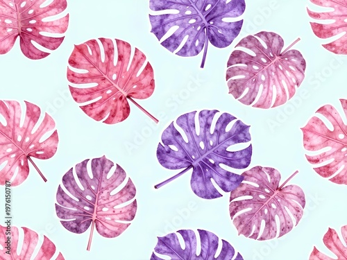 A repeating pattern of stylized monstera deliciosa leaves in shades of pink and purple creates a vibrant tropical aesthetic