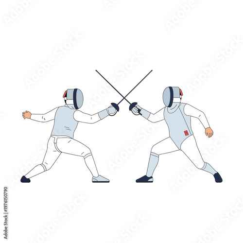 Two Fencers in Protective Gear Sparring with Swords, Isolated on White Background